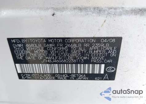 2008 Lexus Es 350 from USA, damaged, VIN JTHBJ46G682238113